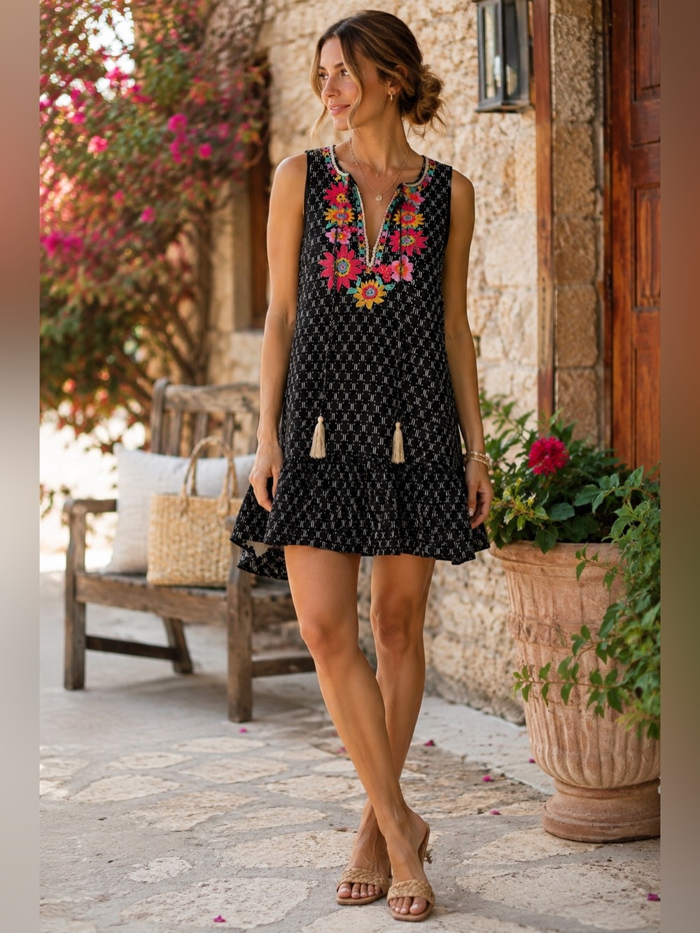 THML Black Floral Embroidered Mini Dress XS Tassel Drop Waist Ruffle